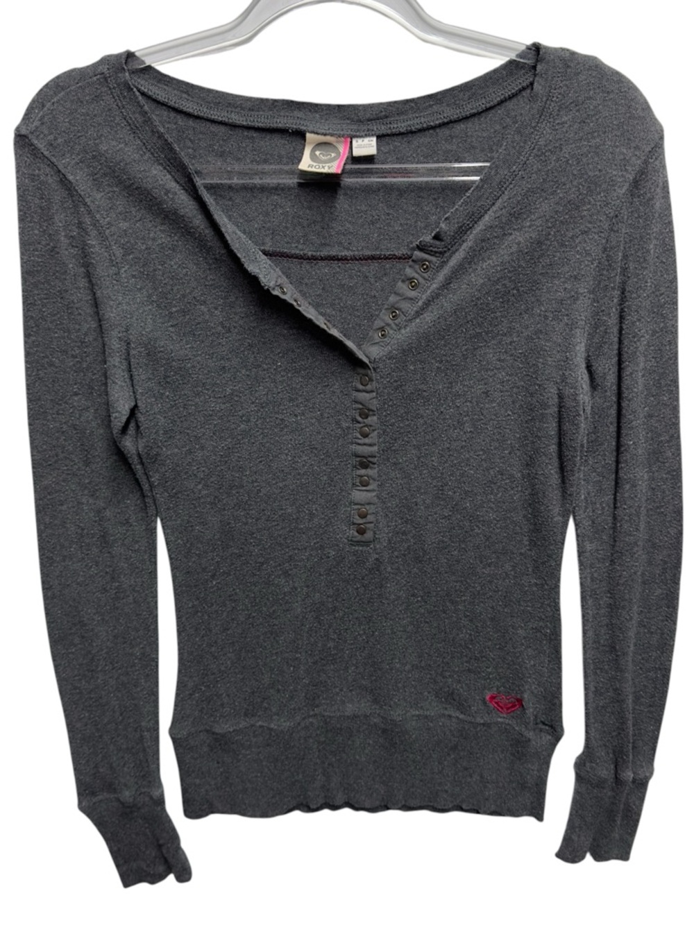 Roxy Y2K Fitted Slinky Cotton Knit Henley Lightweight Thermal Top Sweatshirt
